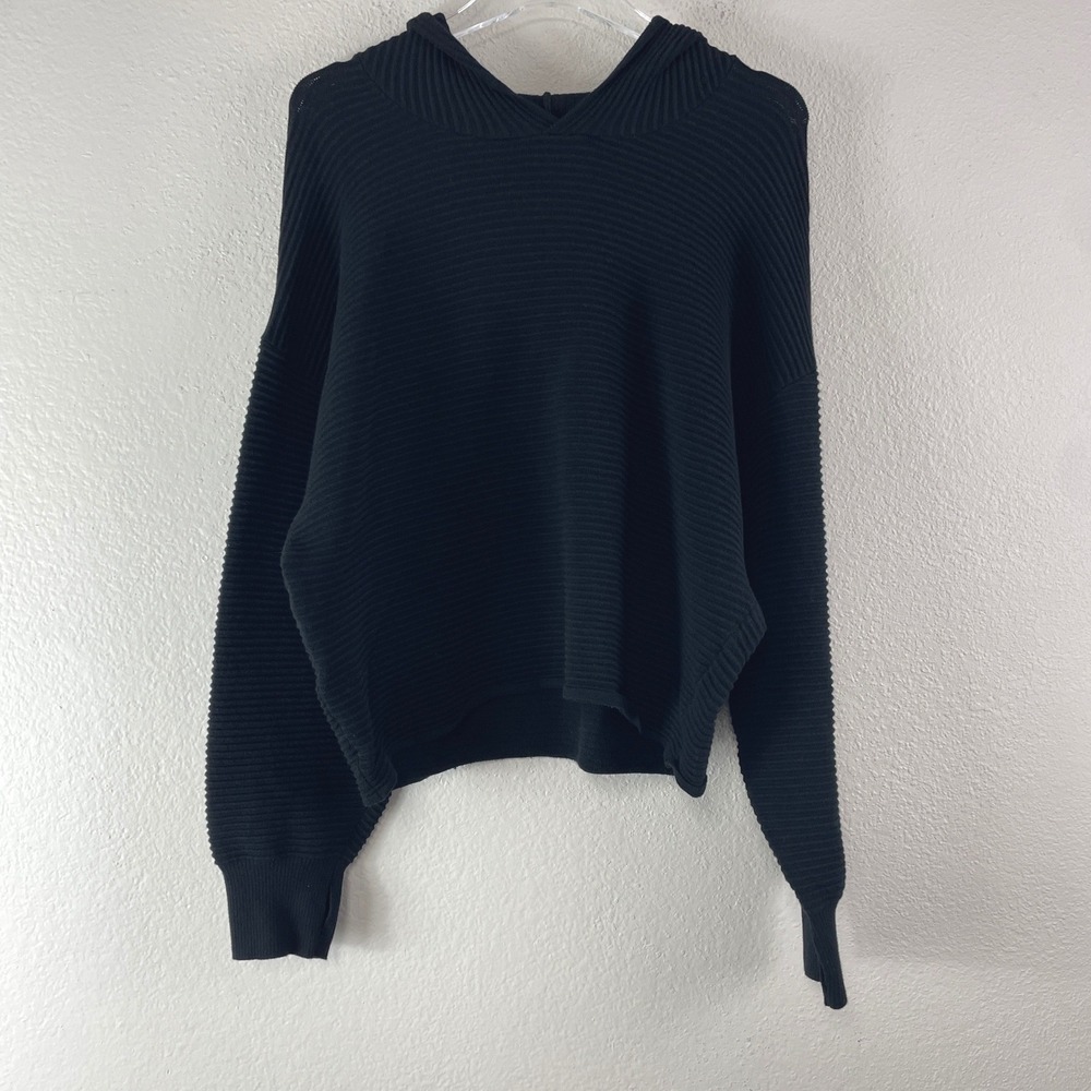 OFFLINE by Aerie Ribbed Hooded Sweater M Black Thumbholes Oversized Boxy Crop